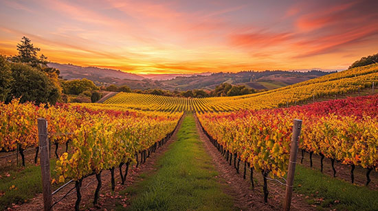 A Stunning Sunset over the Colorful Vineyards of Napa Valley Showcasing the Beauty of Autumn Foliage and the Charm of Wine Country scaled
